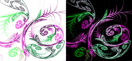 Green and lilac patterns in the form of leaves and spirals on white and black backgrounds. Collection of abstract fractal backgrounds. 3d rendering. 3d illustration.