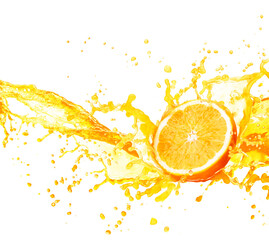 Orange juice splashing with its fruits isolated on white background