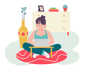 Female with laptop sitting on the floor. Flat design illustration. Vector