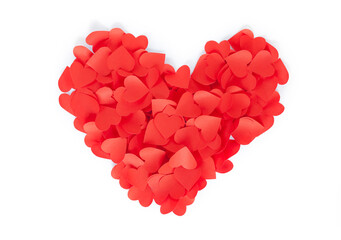 Obraz na płótnie Canvas Valentine's Day red heart shape made from red paper, go together with one, one love from small heart mix to big heart, big love, hug, hope and family on white background.