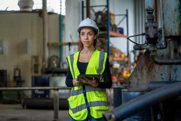 Factory female worker working and checking with clipboard in hands taking necessary notes at plant.