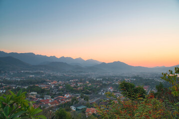 Fototapeta premium Landscape of Luang Prabang City During the Sunset. Viewpoint and Landmark in Luang Prabang Province, Laos