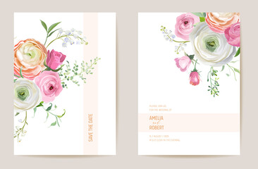 Wedding dried ranunculus, rose, lily floral Save the Date set. Vector spring dry flower, palm leaves invitation card