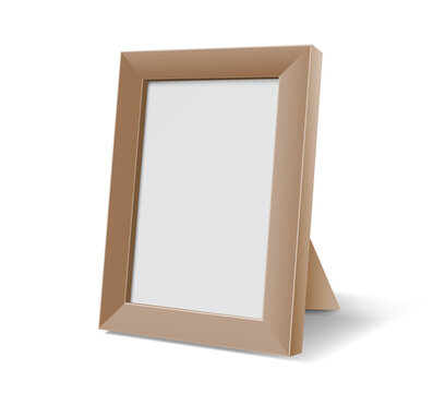 Realistic photo frame standing with shadow on white background. 3d design of frame template