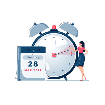 Daylight saving time vector illustration. Woman pushes the clocks forward by an hour, as daylight-saving time begins. Calendar, alarm clock image. Turning to summer time concept for banner. Flat style