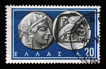 Stamp printed in Greece shows Athena and Owl, Athens, 5th century B.C, Ancient Greek Coins, circa...