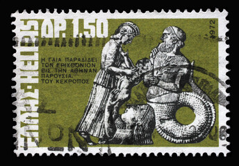 Stamp printed by Greece, shows Gaia, Athena and Kekrops, Greek Mythology series, circa 1972