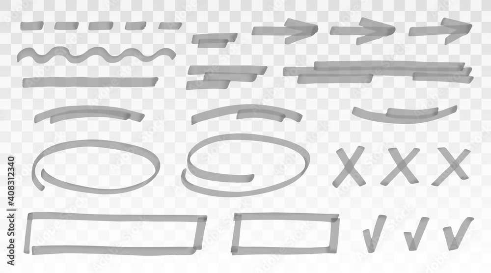 Fototapete grey highlighter set - lines, arrows, crosses, check, oval, rectangle isolated on transparent backgr