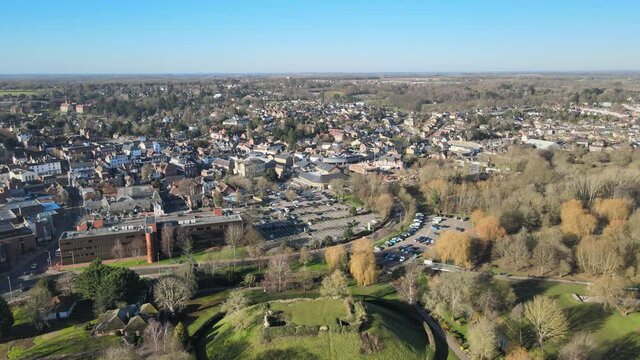 Bishop Stortford Castle and Park town in background Aerial reveal