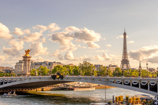 Alexander III Bridge and Eiffel Tower on a Sunny Summer Day