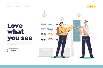Eyesight and glasses concept of landing page with hipster man in optics store buy eyeglasses