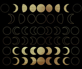 Collection of golden moon phases. Beautiful set painted with gold 
paint isolated on dark ackground. For both Northern and Southern hemisphere. High quality illustration for your design.