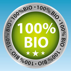 100% Bio. Chrome and green 100% natural product vector icon on a sky background.