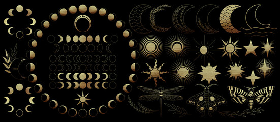 Big set of golden celestial elements. Beautiful gold pain celestial: moons, stars and sun, insects, butterfly and plants. Different moon phases. High quality illustration for your design. 