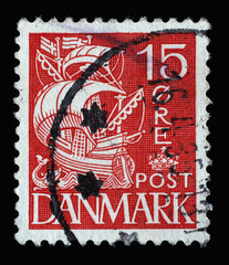 Stamp printed in Denmark shows Caravel Sailship, Series Customs Service - 350th Anniversary, circa 1927