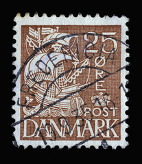 Stamp printed in Denmark shows Caravel Sailship, Series Customs Service - 350th Anniversary, circa 1934
