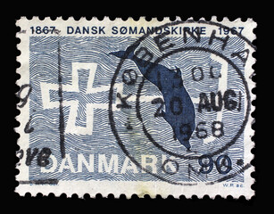 Stamp printed in Denmark shows 100th Anniversary of the Danish Seamen's Church, Cross Anchor and...