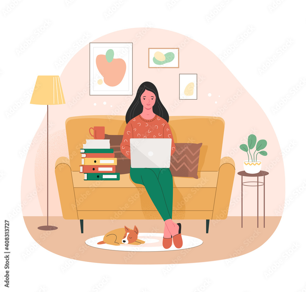 Wall mural home office concept. vector flat illustration of young cartoon woman sitting with a laptop on a sofa