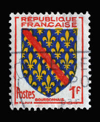 Stamp printed in the France shows Coat of arms of Bourbonnais, circa 1954.