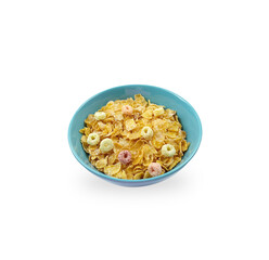Original taste cereals or cornflakes with some colorful loops shape in blue ceramic bowl isolated on white background with clipping path. The morning food for breakfast concept.