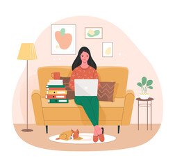 Home office concept. Vector flat illustration of young cartoon woman sitting with a laptop on a sofa in her living room. Isolated on background