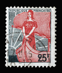 Stamp printed in the France shows Marianne in the boat, series, circa 1959