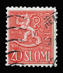 Stamp printed in the Finland shows Crowned Lion, Coat of Arms of the Republic of Finland,...