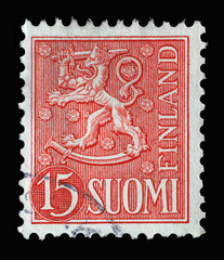 Stamp printed in the Finland shows Crowned Lion, Coat of Arms of the Republic of Finland, Hammarsten-Jansson Design, circa 1954