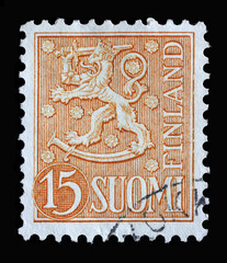 Stamp printed in the Finland shows Crowned Lion, Coat of Arms of the Republic of Finland,...