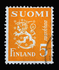 Stamp printed in the Finland shows Crowned Lion Rampant, Coat of Arms of the Republic of Finland, Hammarsten-Jansson Design, circa 1946