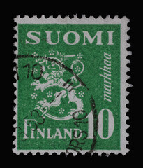 Stamp printed in the Finland shows Crowned Lion Rampant, Coat of Arms of the Republic of Finland, Hammarsten-Jansson Design, circa 1952