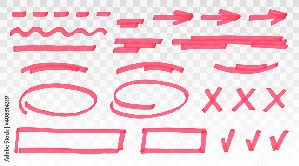 Fototapete red highlighter set - lines, arrows, crosses, check, oval, rectangle isolated on transparent backgro