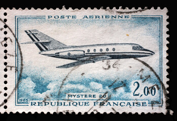 Stamp printed in the France shows Dassault: Mystere 20, Aircraft series, circa 1965