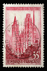 Stamp printed in the France shows Rouen Cathedral, Tourism series, circa 1957