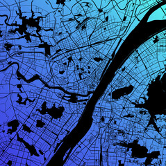 Wuhan, Hubei, China (CHN) - Urban vector megacity map with parks, rail and roads, highways, minimalist town plan design poster, city center, downtown, transit network, gradient blueprint © Ilya