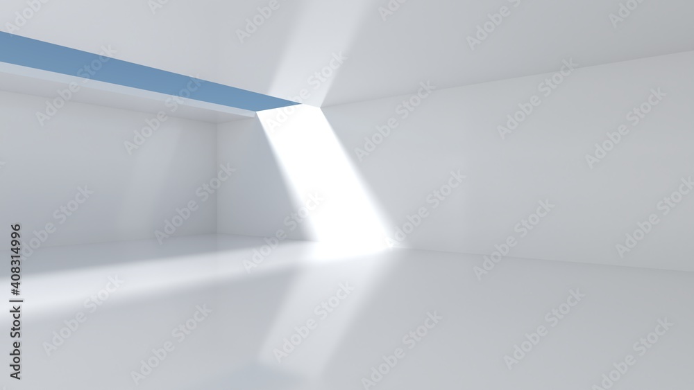 Poster Empty room with white walls and openings on the ceiling overlooking the sky. There was a beam of light in the room. Showroom concept and warehouse. 3d rendering