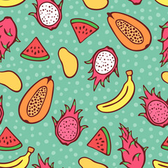 Vector seamless pattern of hand drawn tropical fruits: papaya, dragon fruit, banana, watermelon, mango.