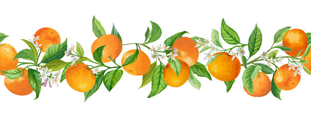 Mandarin Garland Branches Vector Illustration. Vintage Fruits, Flowers and Leaves Greenery