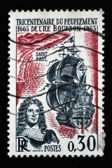 Stamp printed in the France shows Tercentenary of the settlement of the island of Bourbon, Reunion, circa 1965.