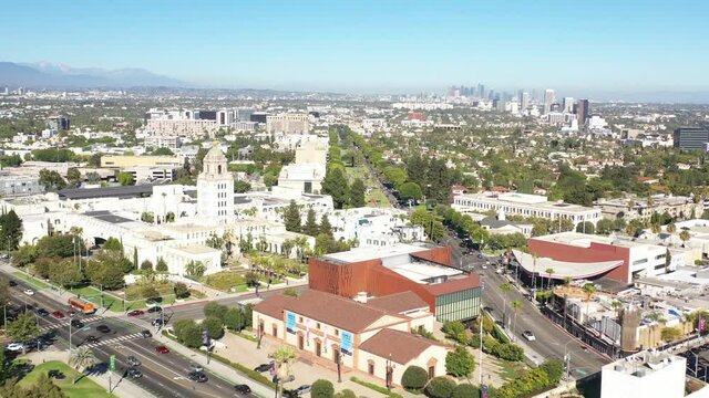 Flying Towards Los Angeles Downtown Skyline View