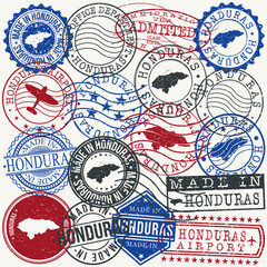 Honduras Set of Stamps. Travel Passport Stamps. Made In Product. Design Seals in Old Style Insignia. Icon Clip Art Vector Collection.
