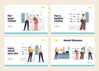 Set of landing pages with optics store customers choosing and buying eyeglasses
