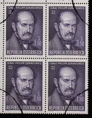 Stamp issued in Austria shows Ignaz Philipp Semmelweis - Hungarian physician, now known as an early pioneer of antiseptic procedures, circa 1965