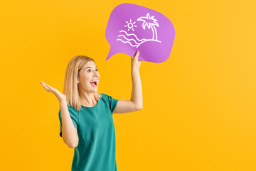 Happy woman holding speech bubble with drawn beach on color background. Concept of vacation