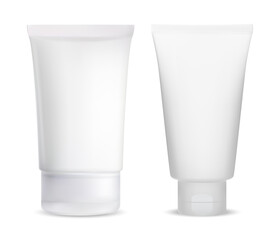 Cream tube blank. Cosmetic lotion package white. Gel container mockup. Medical product wrapper illustration. Soft tubes for tooth paste or acne creme or sunscreen. Squeeze pack with cap