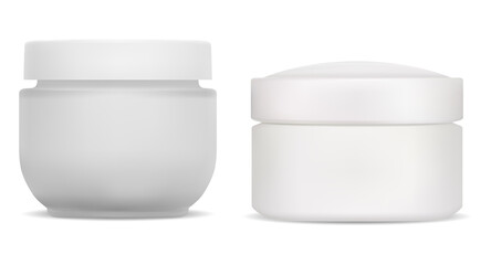 Cream jar. plastic cosmetic container, face beauty bottle blank. Skin care creme product round glass jars with cap. Butter, gel or powder pack front side canister mock up with cover