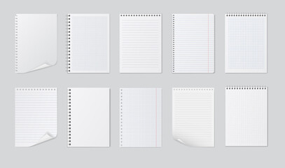 Realistic notebooks sheets. Lined, checkered and paper binder page for memo pads