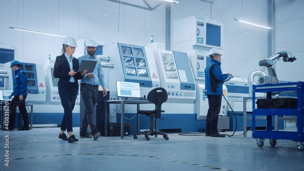 Poster Modern Factory with Professional Workers, Engineers, Managers Working on Production Line, Workshop Management, Optimization. Industrial Facility: Equipped with CNC Machinery and robot arm Technology