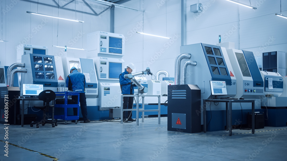 Poster Modern Factory with Professional Workers, Engineers, Managers Working on Production Line, Workshop Management, Optimization. Industrial Facility: Equipped with CNC Machinery and robot arm Technology
