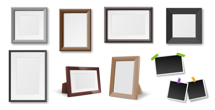Set of realistic photo frames. Rectangle plastic or wooden picture frames collection isolated